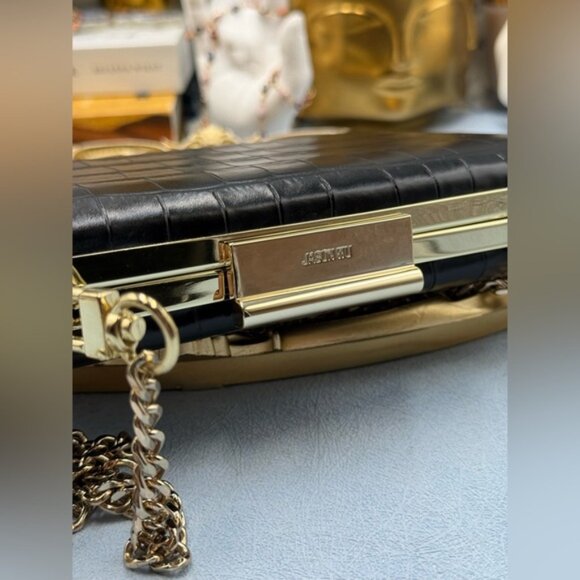 🆕 JASON WU 🧿 NWOT Black Croc Embossed Leather Clutch, with Gold Chain Strap - Picture 8 of 16